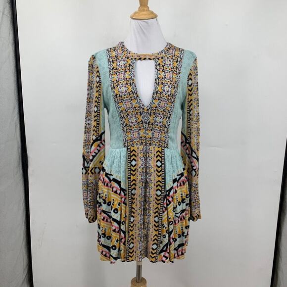 Free People Dress Womens 4 Multi Pleated Tegan Border Keyhole Bohemian Mini - Picture 2 of 16